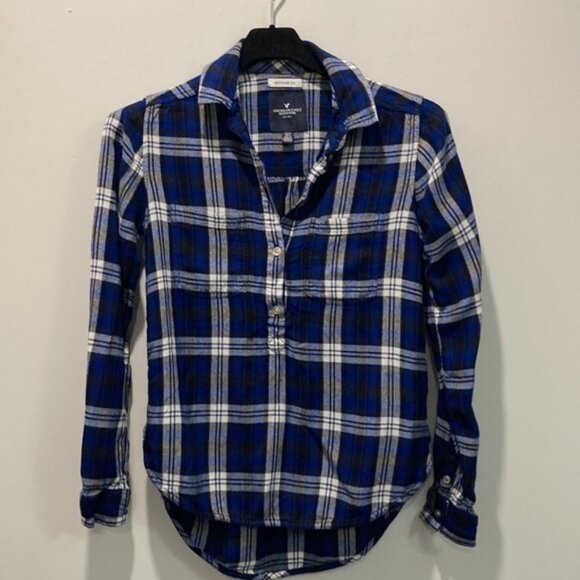 American Eagle Blue Plaid Boyfriend Fit Button Down Shirt - Picture 2 of 13